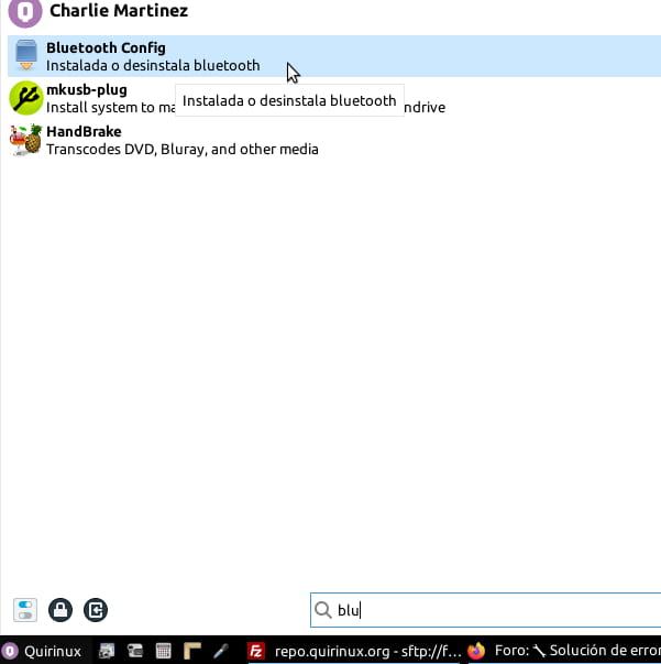 Menu de aplicaciones (botón Quirinux) > Bluetooth Config