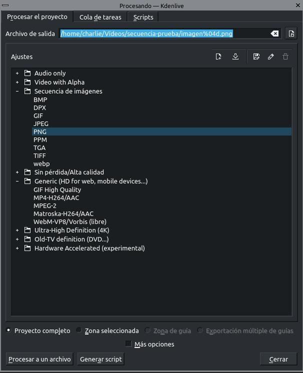 Kdenlive exportar secuencia de imágenes